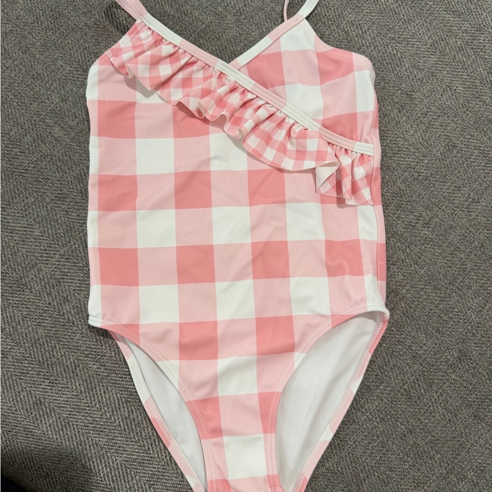 Janie and Jack Pink and White Gingham Ruffle One-Piece Swim